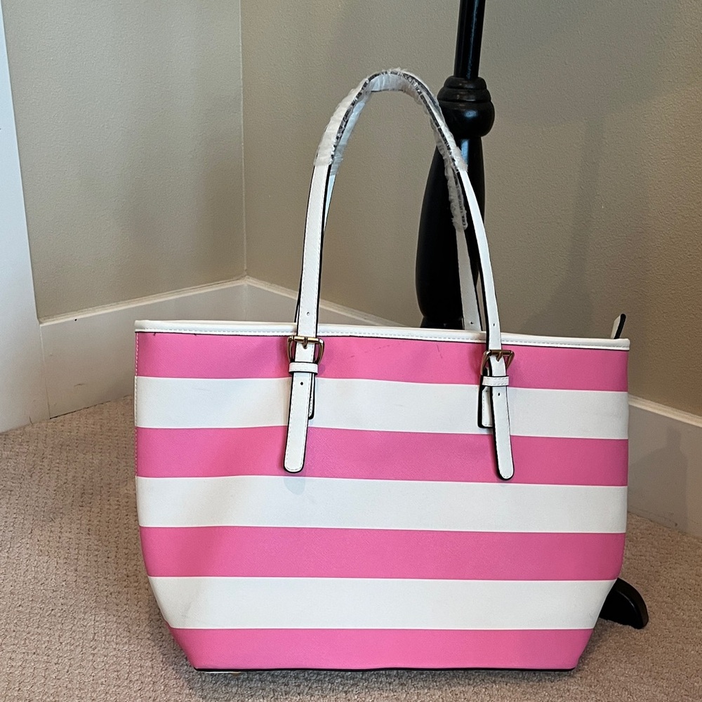 Chic Pink and White Striped Tote Bag Adjustable Straps
